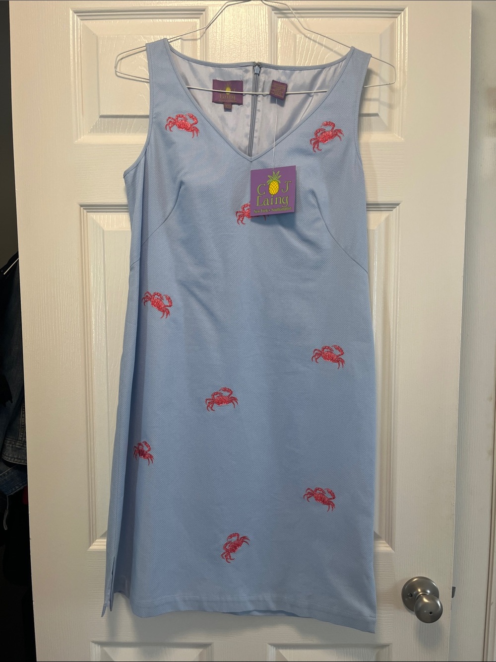 NWT CJ Laing Light Blue Crab Embroidered V-Neck Dress Sz 12